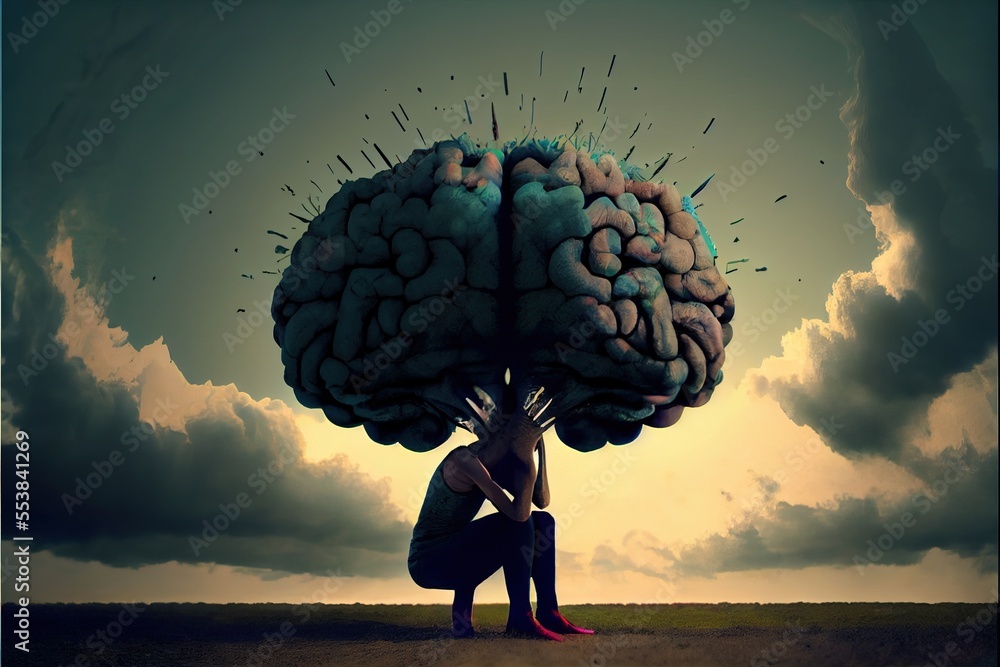 Poster a person sitting on a ground with a large brain on their head and a sky background with clouds and b