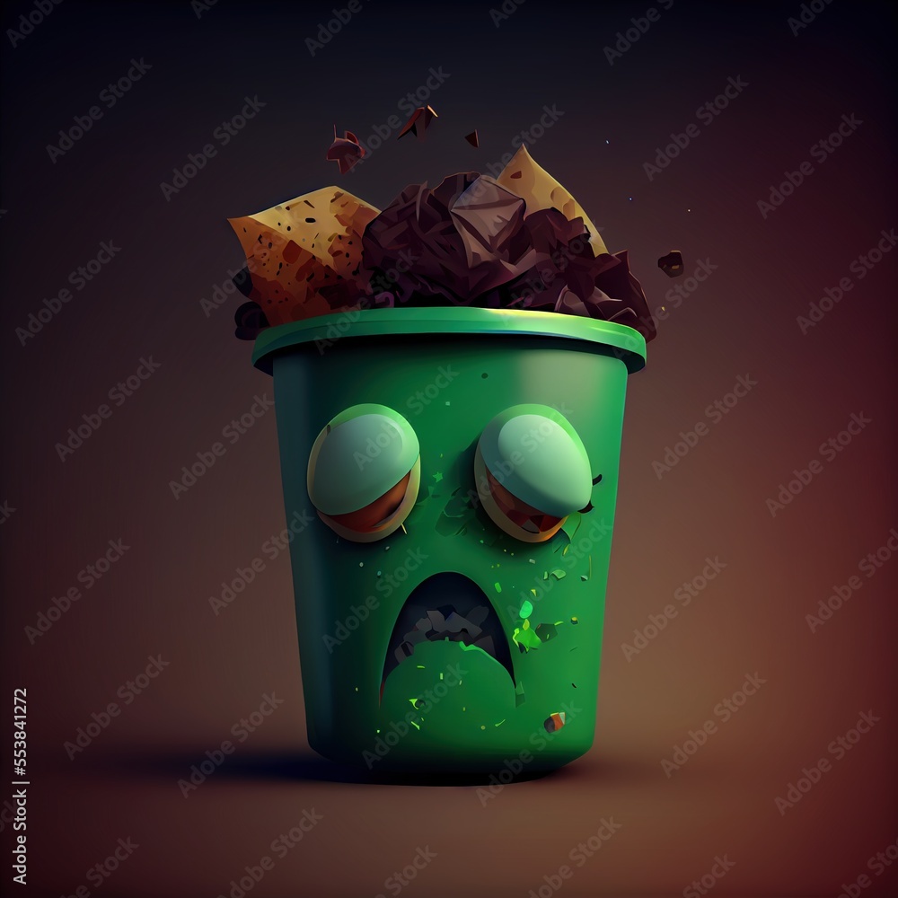 Aufkleber a green trash can with a sad face and a pile of garbage in it's lid. generative ai