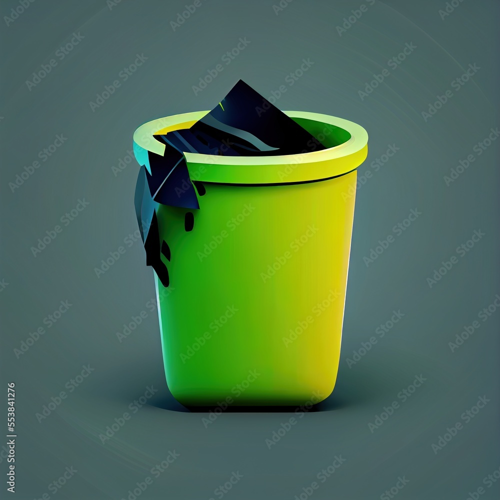 Poster a green trash can with a black cloth in it's lid and a black rag on top of it. generative ai