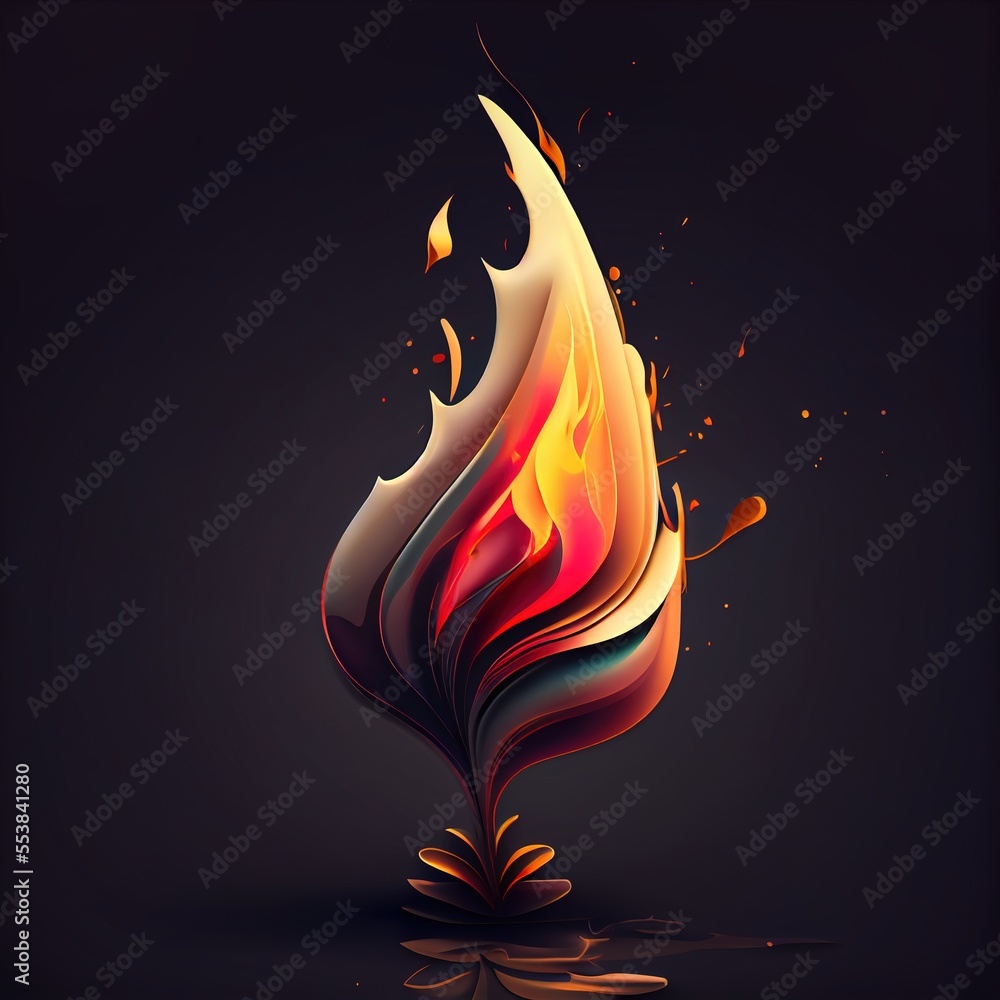 Poster a fire flame with a dark background and a reflection of the flame on the ground. generative ai