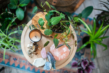 a plant, a candle, a salt lamp,  crystals on the table
