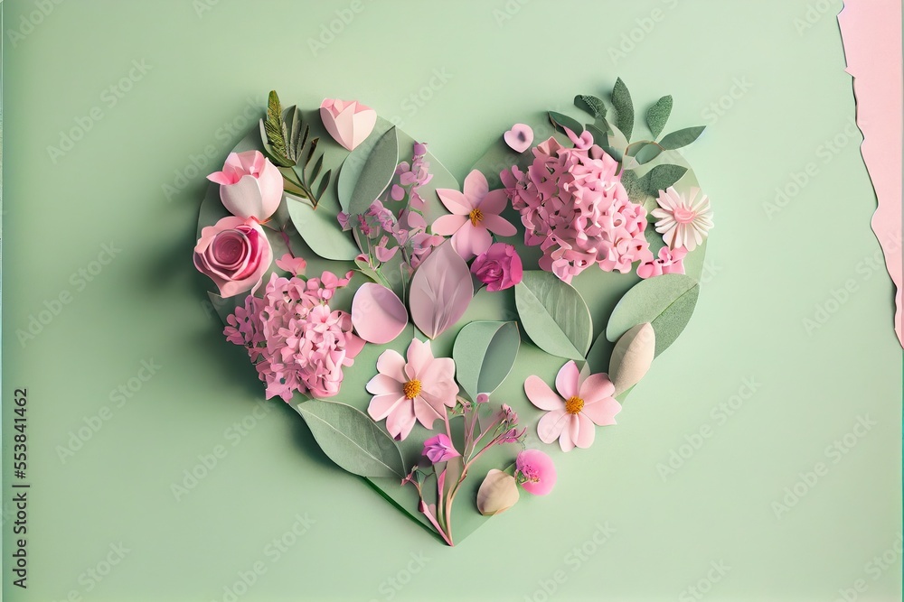 Poster a paper heart with flowers and leaves on a green background with a pink frame for text or image on t