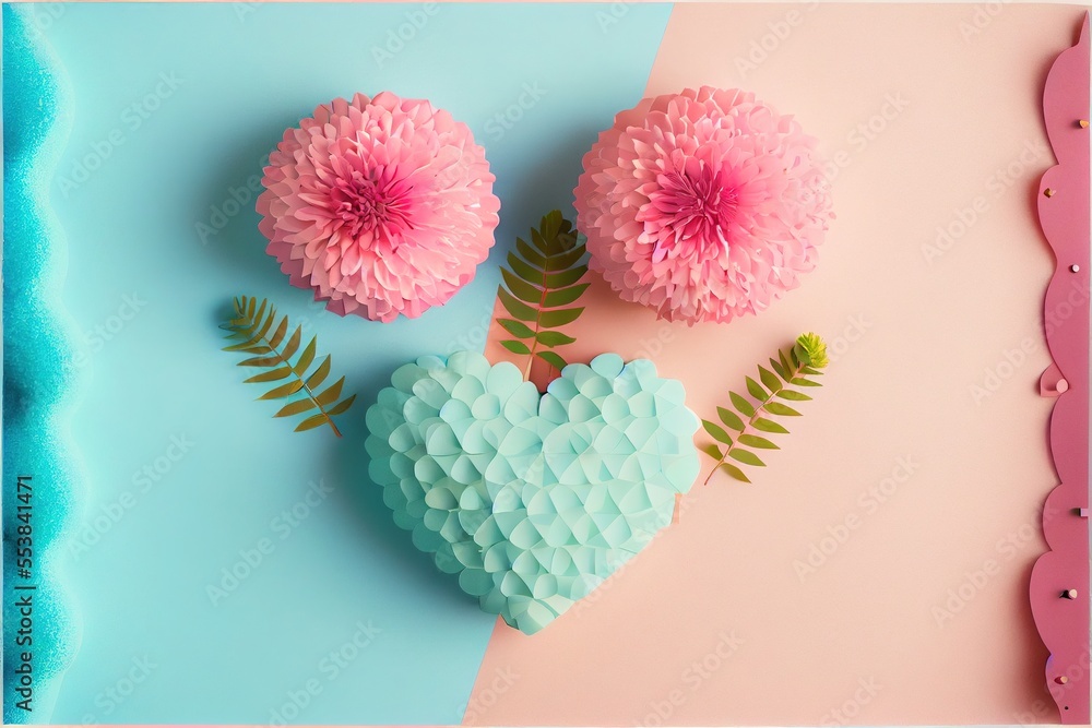 Poster a heart shaped paper with two flowers on top of it and a fern leaf on the bottom of it. generative a
