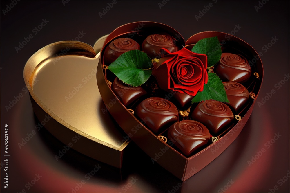 Poster a heart shaped box of chocolates with a rose in it and a heart shaped box of chocolates. generative 