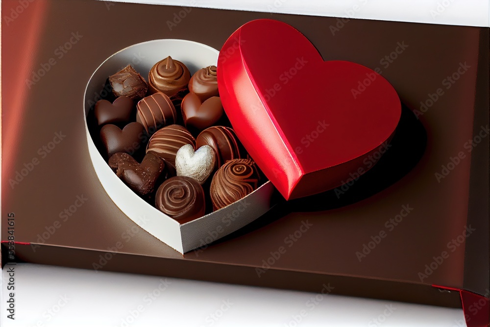 Aufkleber a heart shaped box filled with chocolates on a table top with a red heart shaped box of chocolates. 