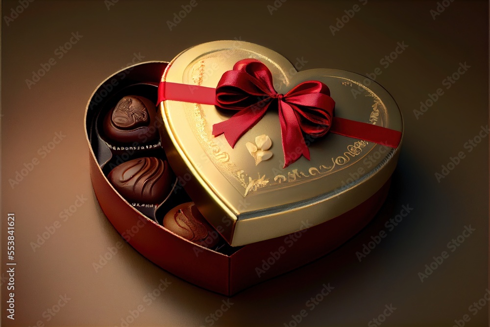 Poster a heart shaped box of chocolates with a red bow on top of it. generative ai
