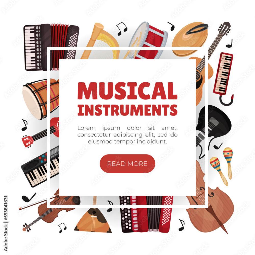 Poster musical instruments banner design for entertainment performance vector template