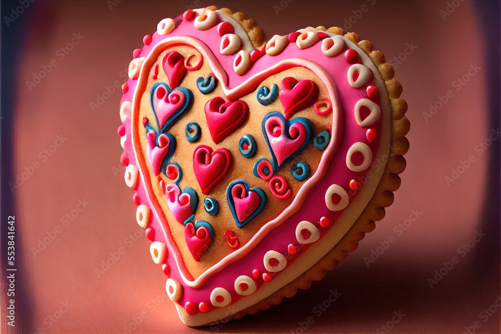 Poster a heart shaped cookie with hearts on it on a pink background with a shadow of a heart on the side. g