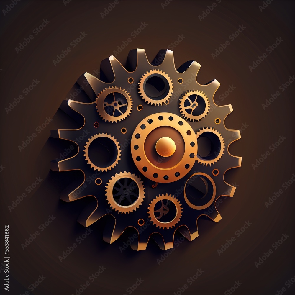Aufkleber a golden clock with gears on a black background illustration of a mechanical device with gears on a 