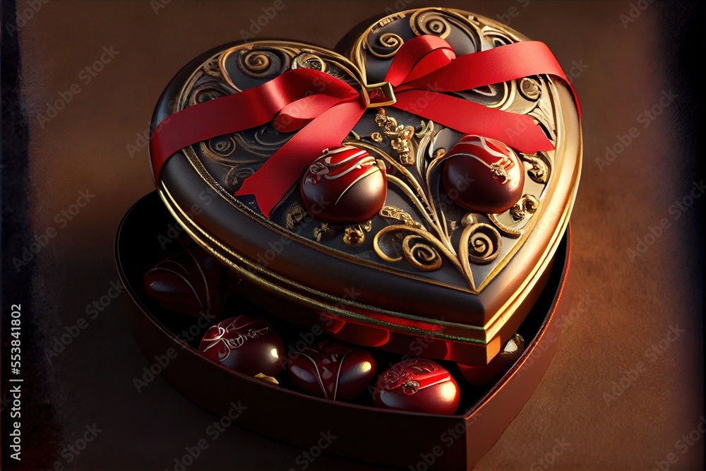 Poster  a heart shaped box with chocolates inside of it on a table top with a red ribbon around the top. Generative AI