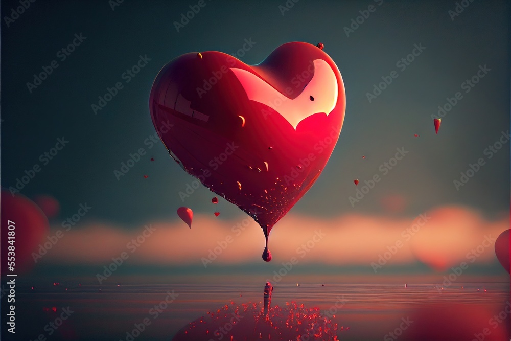 Poster a heart shaped object floating in the air with drops of water on it's surface and a person standing 