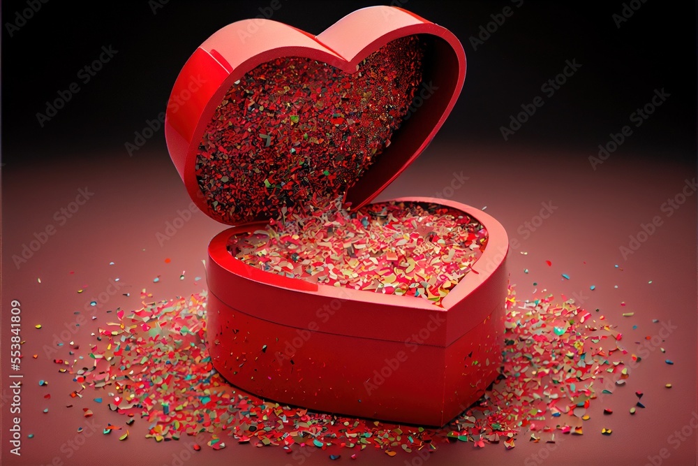 Poster a heart shaped box filled with sprinkles on a table top with a red lid and a red lid. generative ai