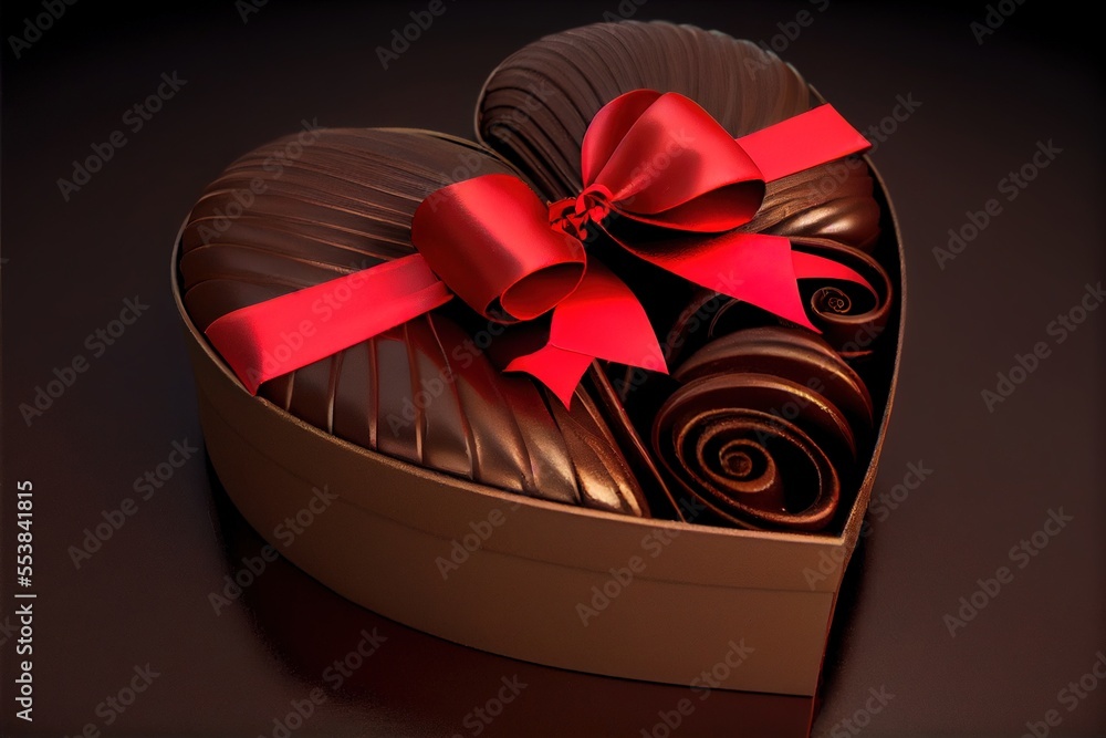 Poster a heart shaped box with a red bow on top of it and chocolates in the bottom of it. generative ai