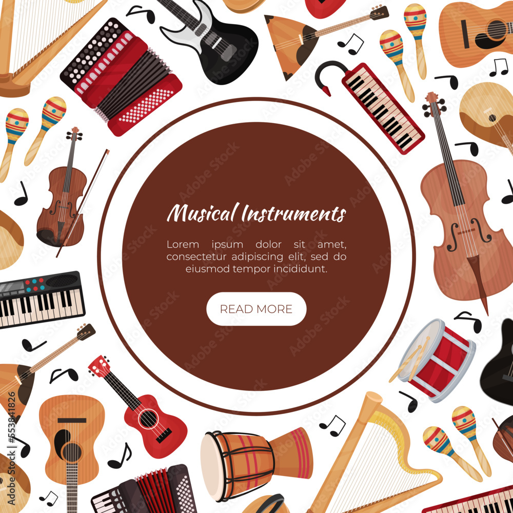 Poster musical instruments banner design for entertainment performance vector template