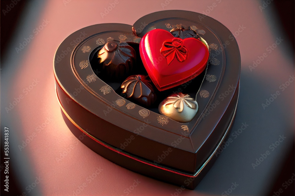Poster a heart shaped box filled with chocolates on a table top with a red bow on top of it. generative ai