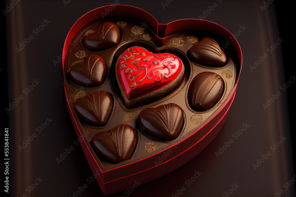 Poster a heart shaped box of chocolates with a red heart on top of it. generative ai