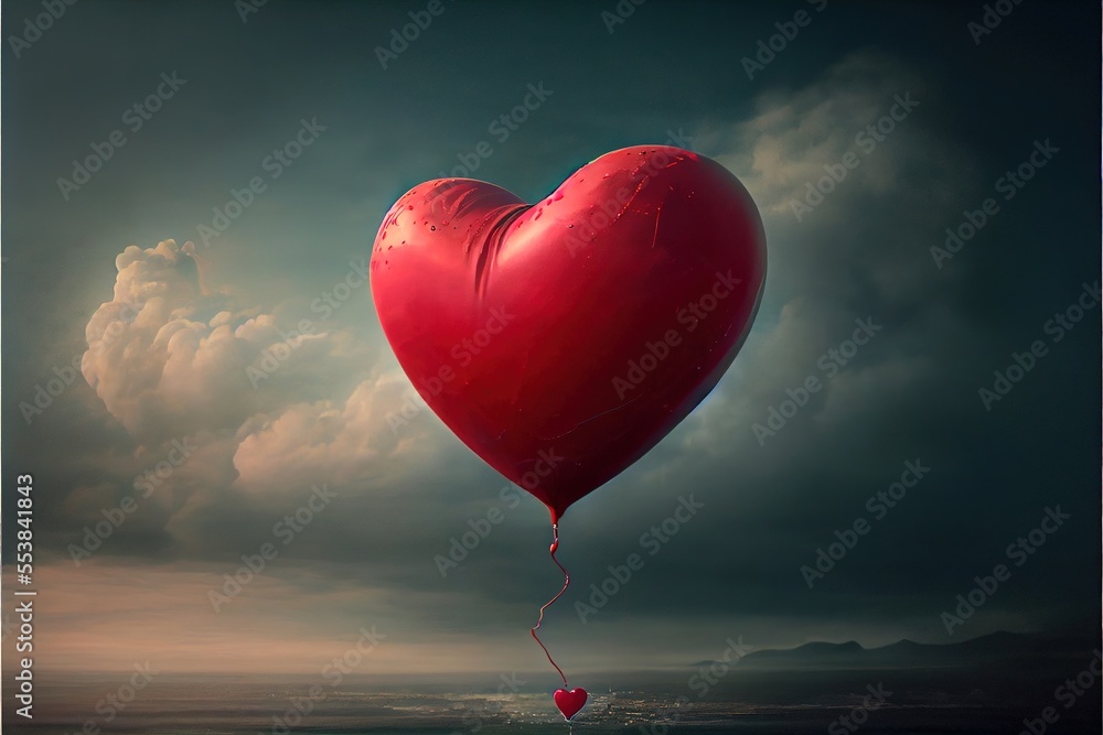 Poster a heart shaped balloon floating in the air with a string attached to it's side. generative ai