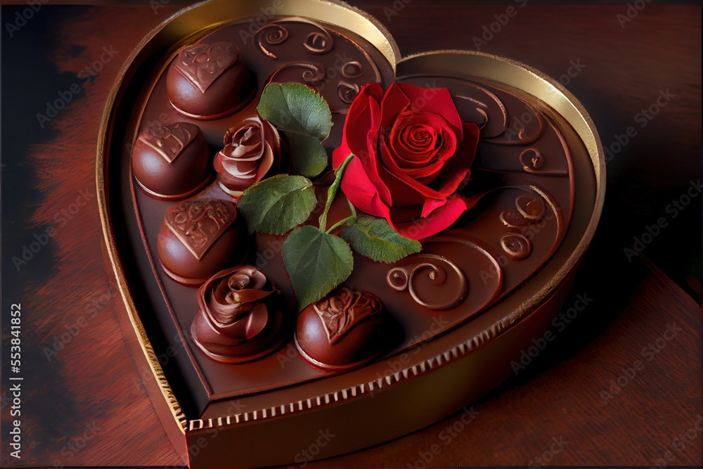 Poster a heart shaped box with chocolates and a rose in it on a table top with a wooden table. generative a