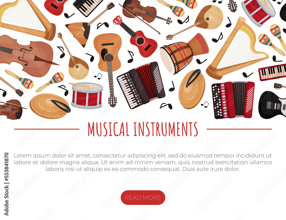 Poster musical instruments banner design for entertainment performance vector template