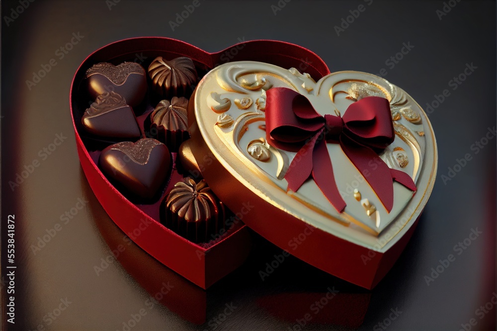 Poster a heart shaped box of chocolates with a bow on top of it. generative ai