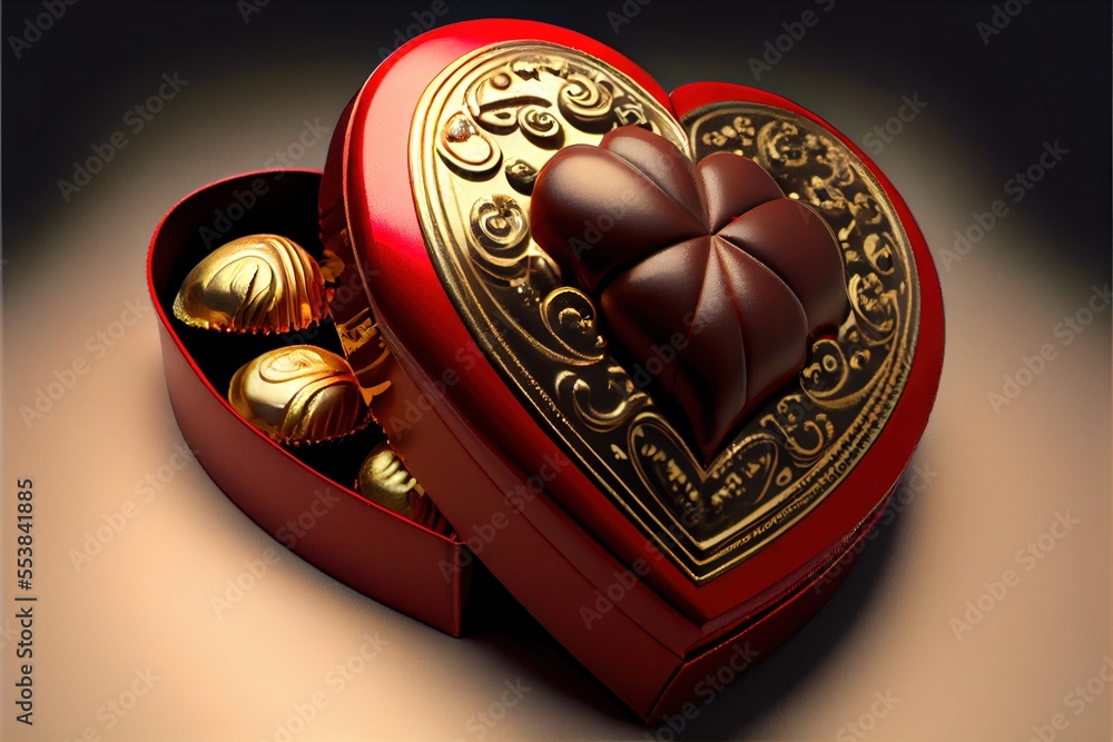 Poster a heart shaped box filled with chocolates on a table top with a brown background and a gold border. 