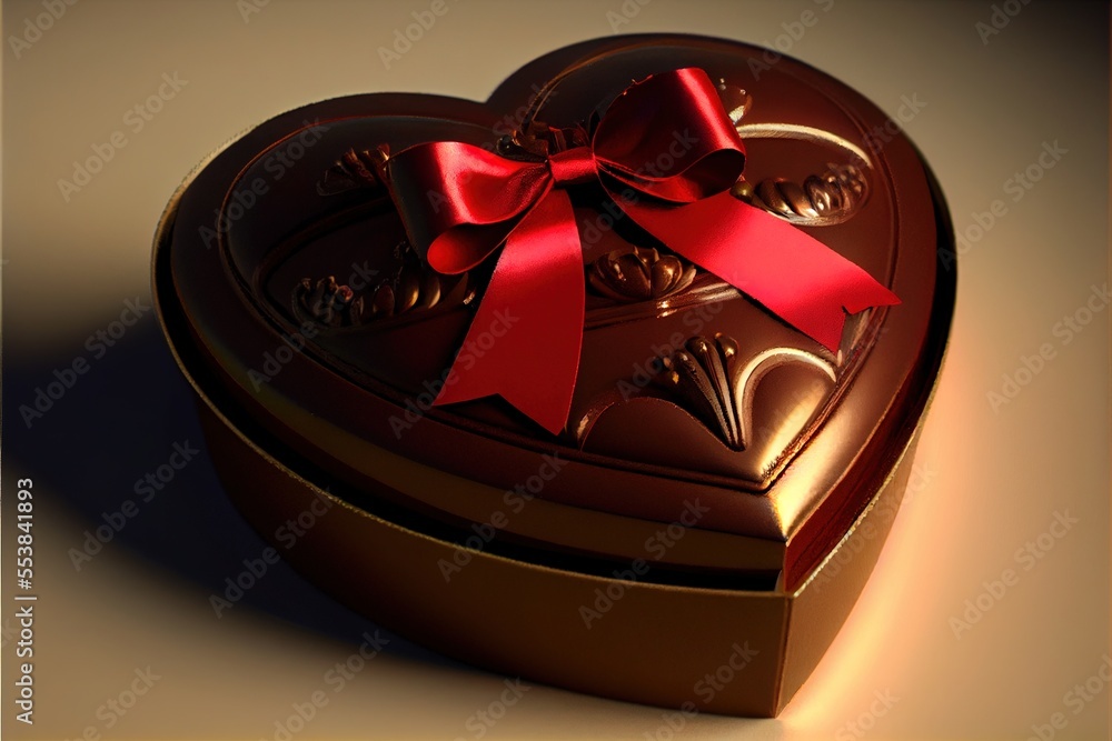 Poster a heart shaped box with a red bow on top of it. generative ai