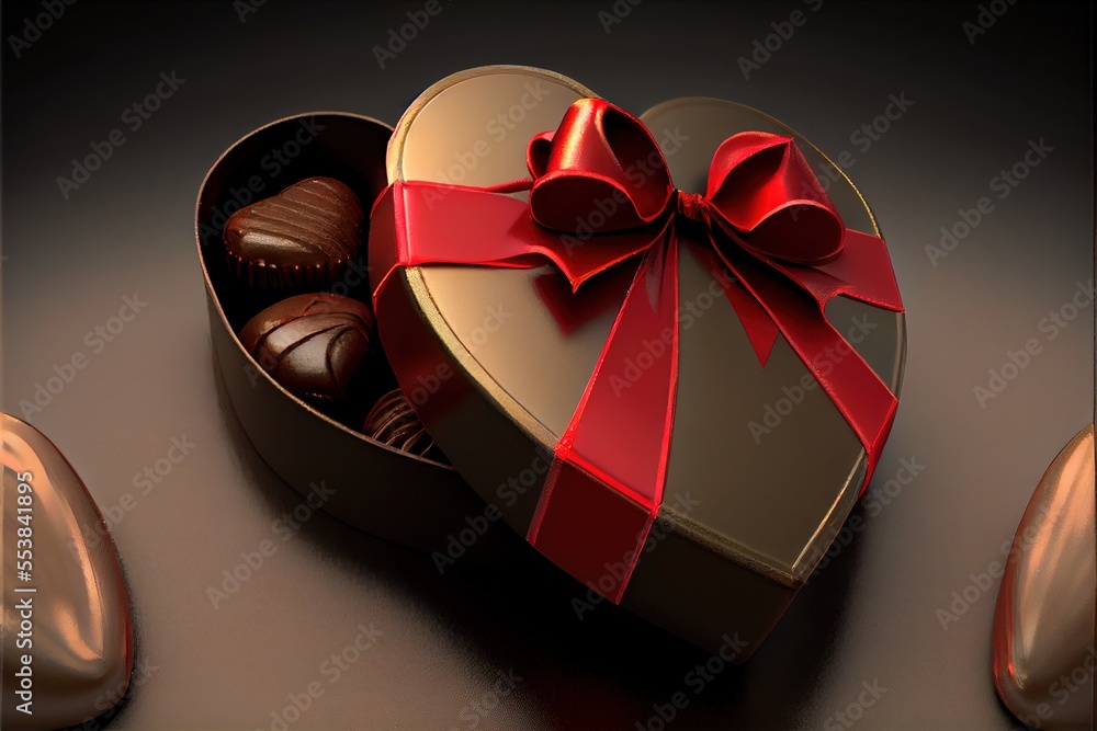 Aufkleber a heart shaped box of chocolates with a red bow on top of it and a chocolate bar in the background. 