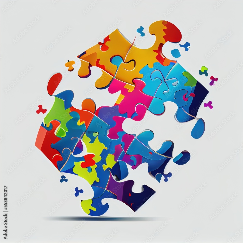 Poster a colorful puzzle piece is being assembled into a square shape with a white background and a shadow 