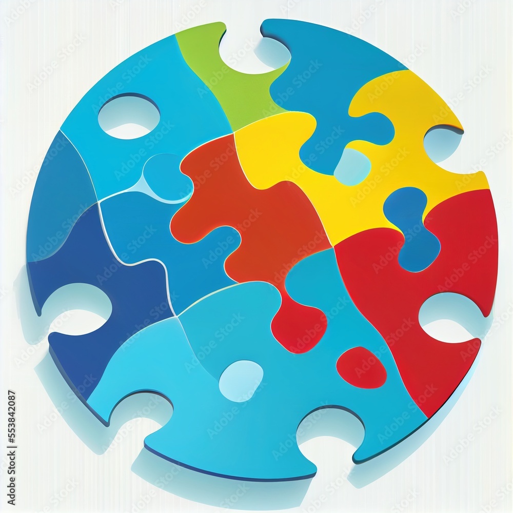Poster a colorful puzzle piece with missing pieces in the middle of it's center. generative ai