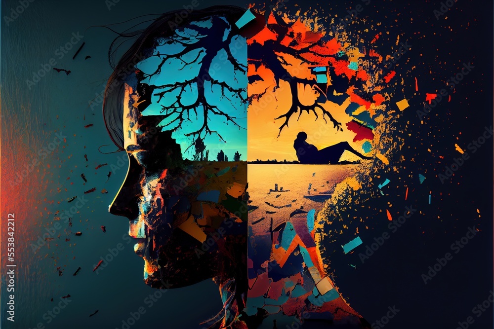 Poster a person's head with a tree and a man's face in the background with a sunset. generative ai