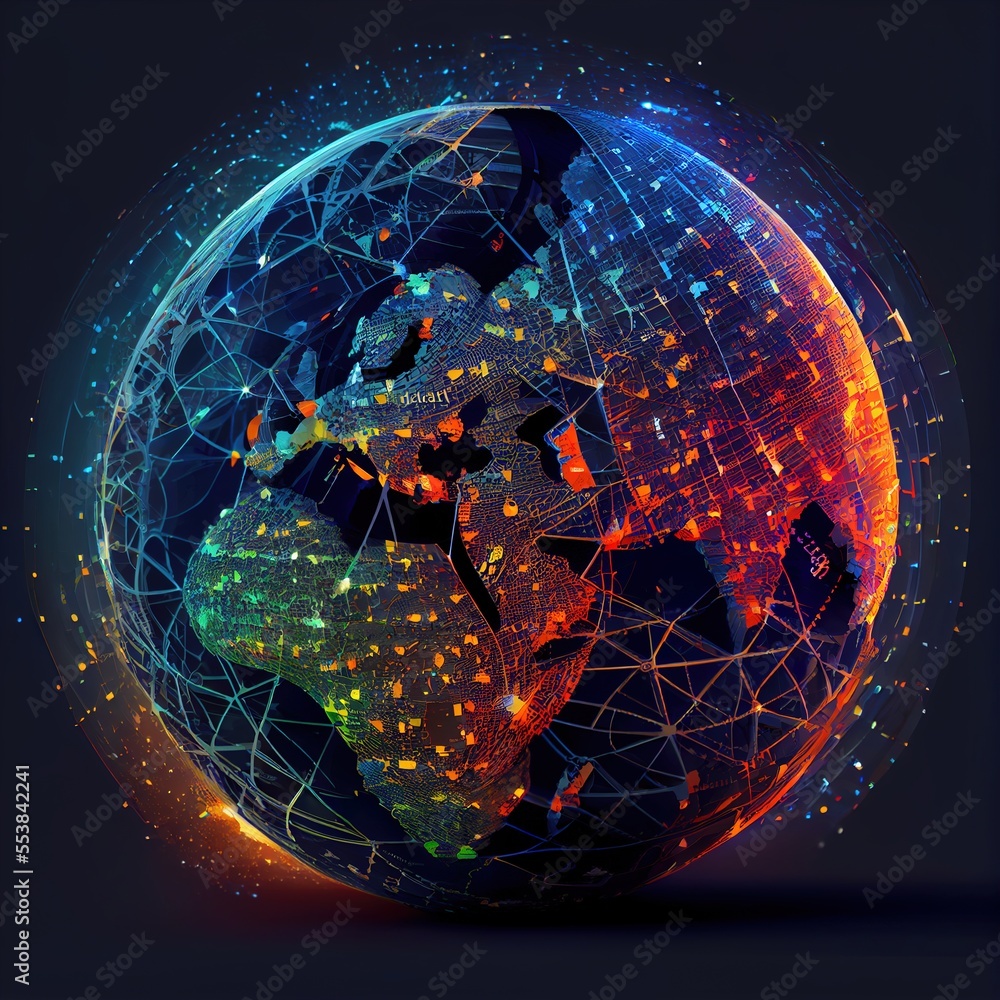 Poster a globe with a network of lights on it's side and a dark background with a black background. generat