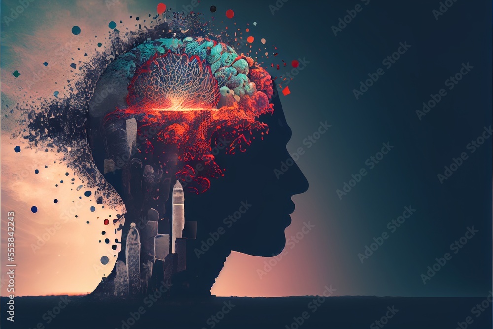 Poster a man's head with a brain exploding out of it and a city in the background with a red light coming o