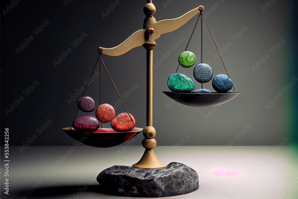 Poster a scale with a balance between two rocks and a rock on the ground. generative ai