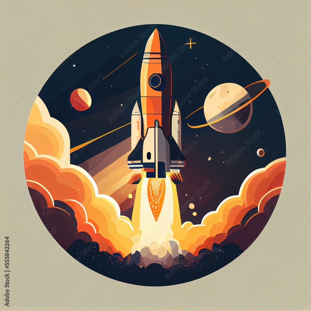 Poster a space shuttle flying through the sky with saturn in the background and saturn in the foreground. g