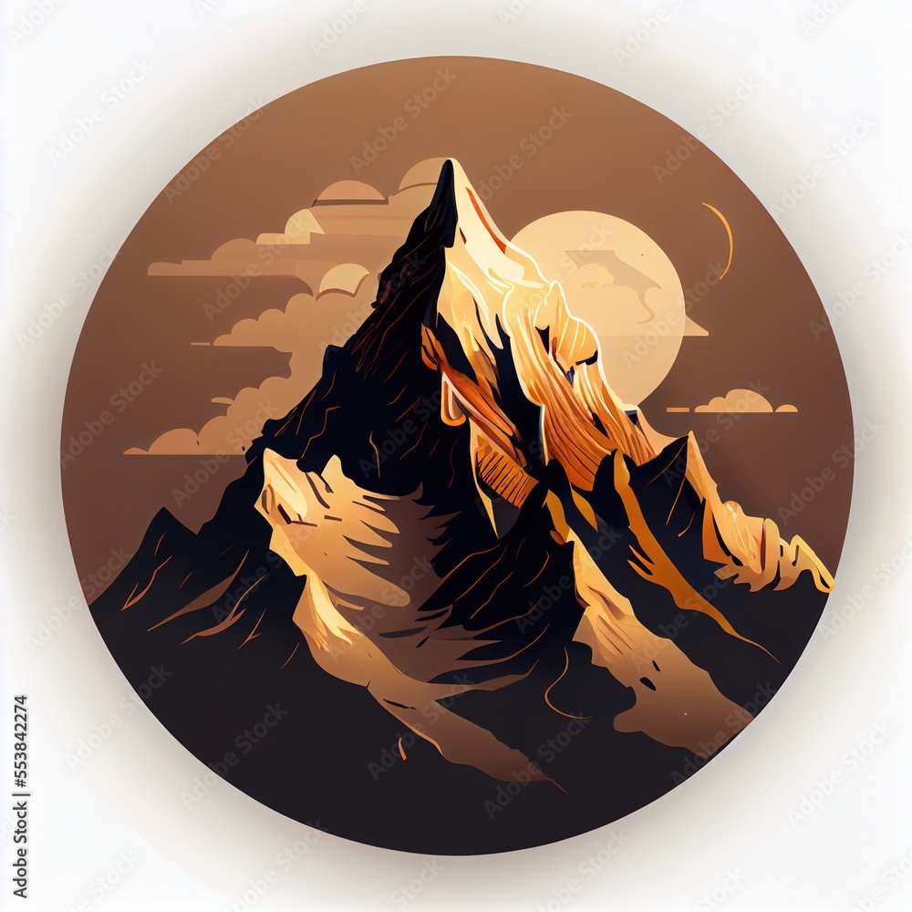 Poster a mountain with a moon in the background and clouds in the sky above it. generative ai