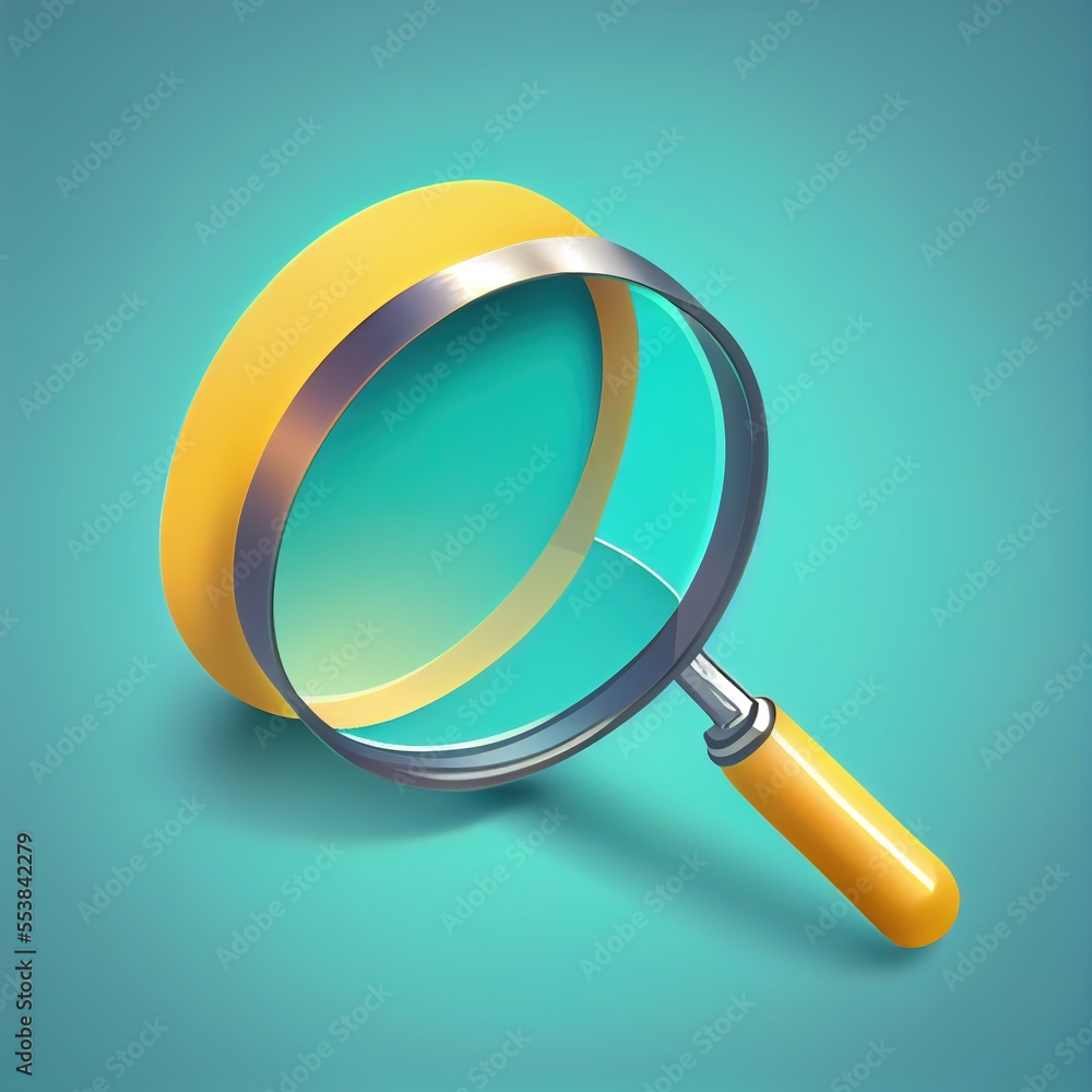 Poster a magnifying glass with a yellow handle on a blue background with a shadow on the bottom of the glas