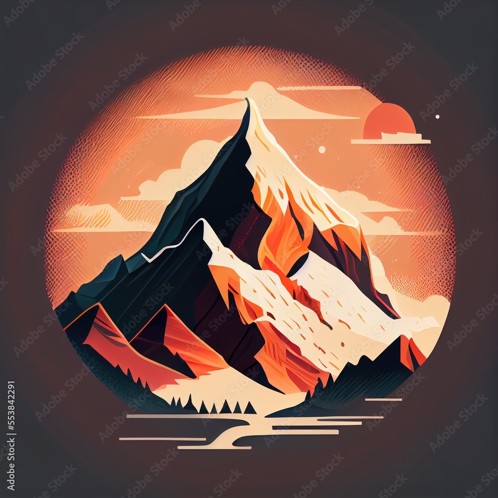 Poster a mountain with a sunset in the background and a river running through it. generative ai