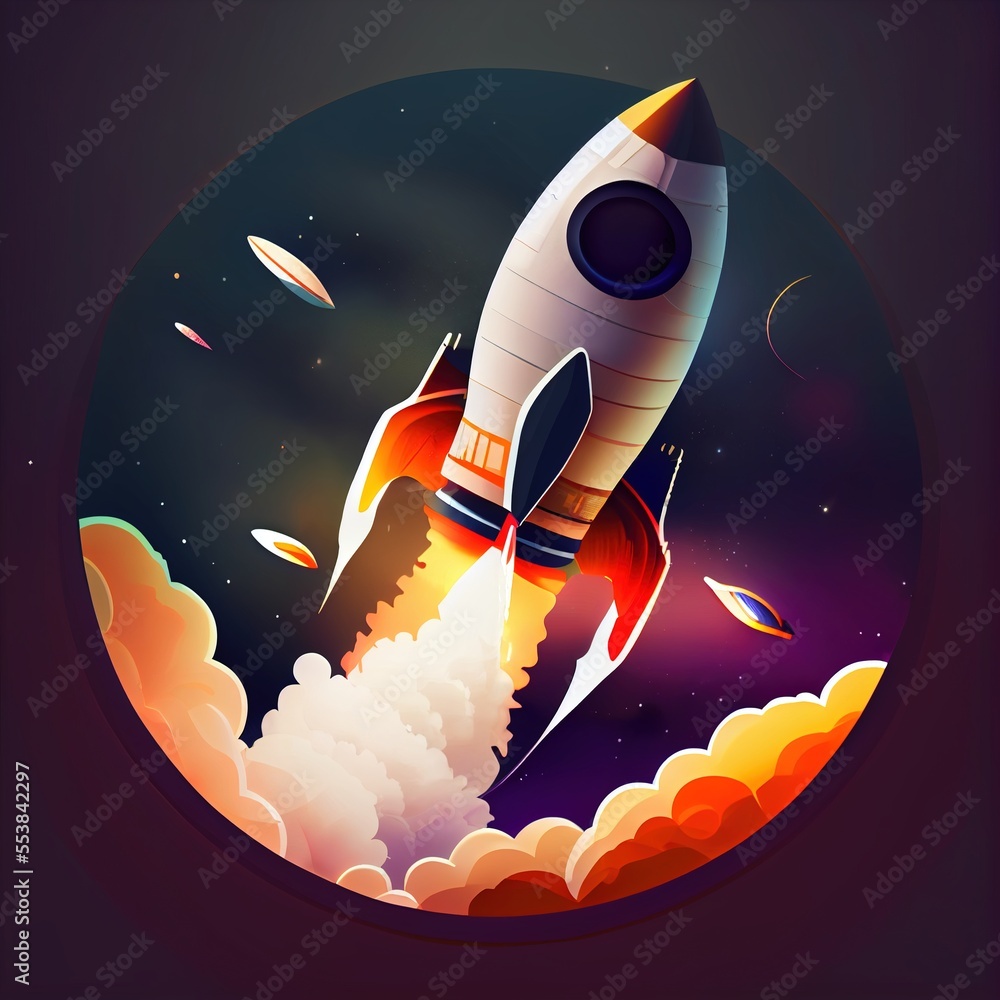 Aufkleber a space shuttle flying through the sky with clouds and planets around it. generative ai