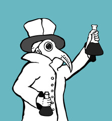 A plague doctor in a hat, raincoat and mask with beakers in his hands. Black and white vector illustration.