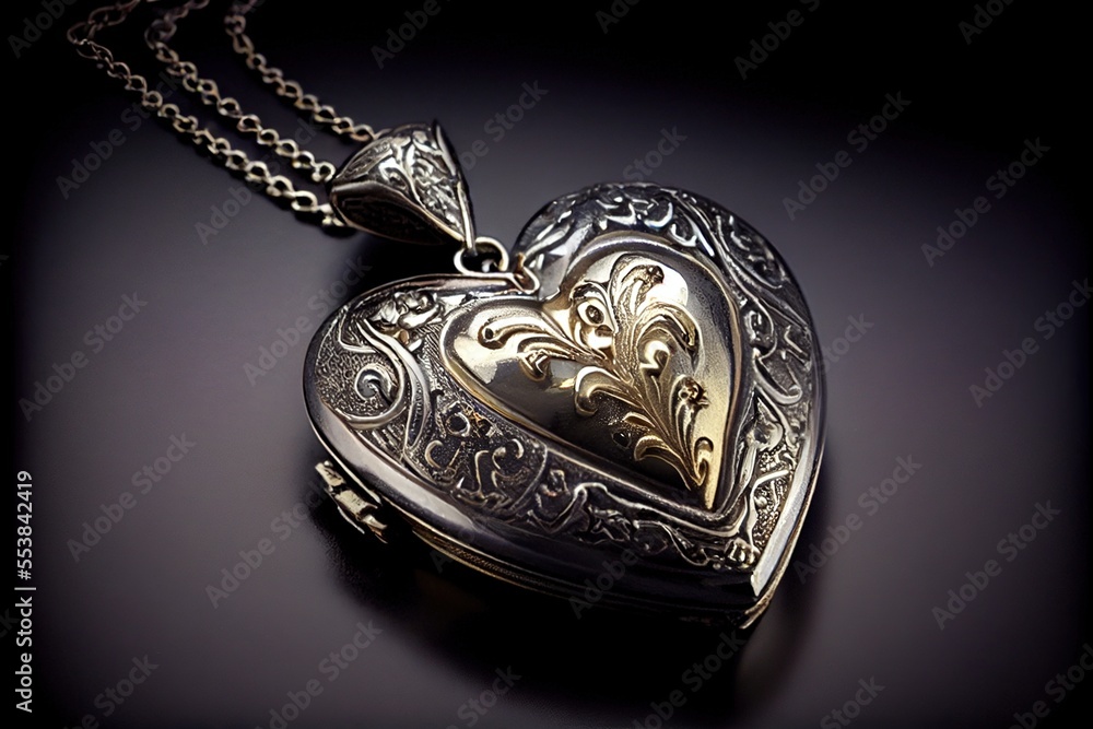 Poster a heart shaped locke with a chain on a black background with a reflection of the heart in it's cente