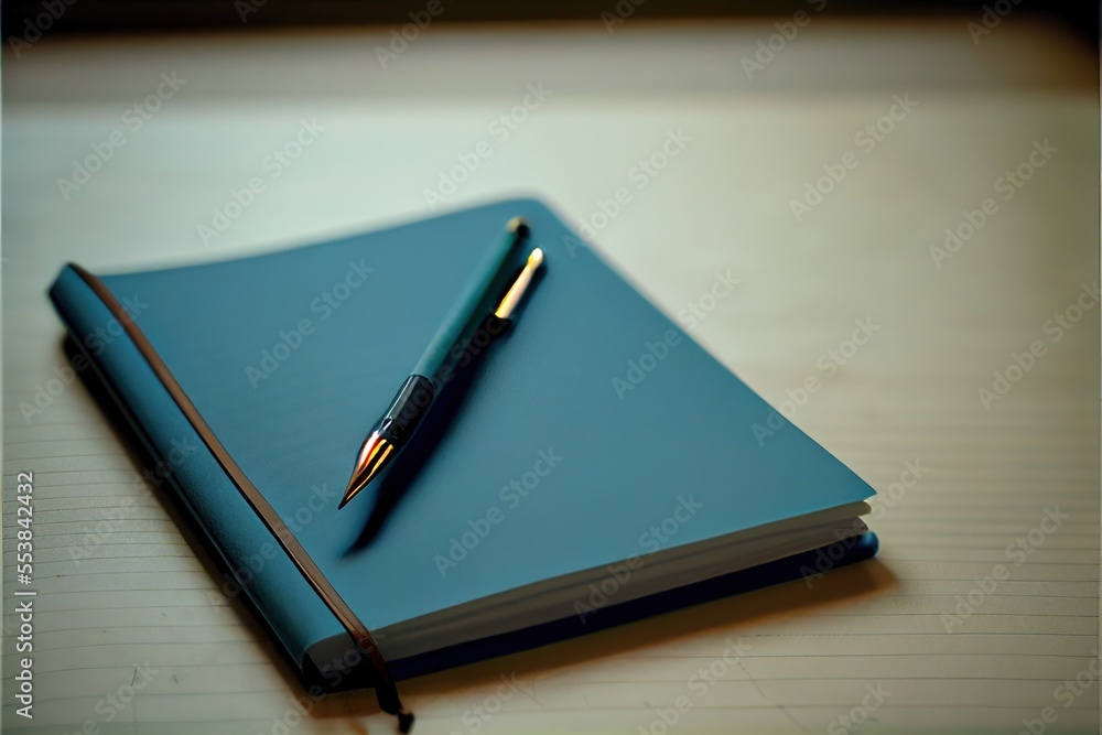 Poster a notebook with a pen on top of it on a table with a pen in the middle of the book. generative ai