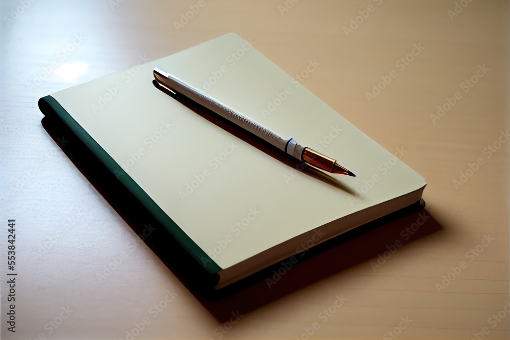 Poster a pen sitting on top of a notebook on a table with a pen on top of it and a pen on the cover. genera