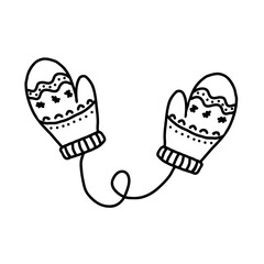 Winter mittens on a rope in the doodle style. Vector illustration isolated on a white background. Perfect for a postcard, sticker, coloring book or as a label for a knitted product