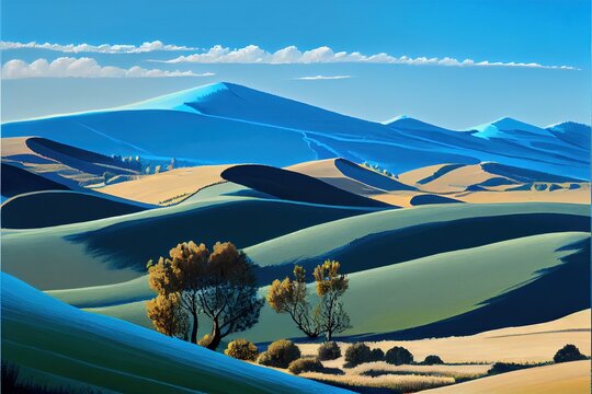  a painting of a landscape with hills and trees in the foreground and a blue sky in the background. © Oleg