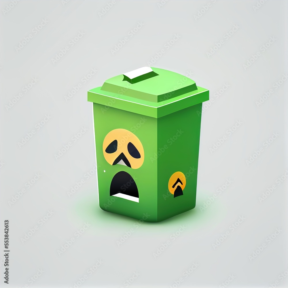 Poster a green trash can with a sad face on it's lid and a frown on its face. generative ai