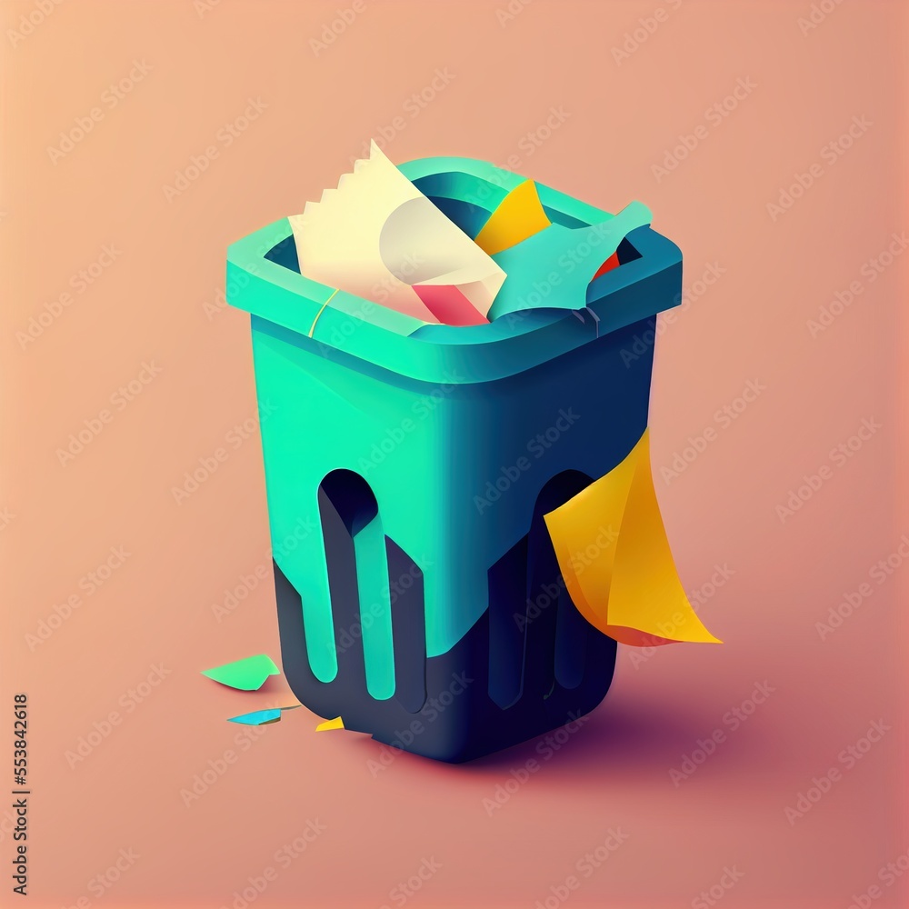 Aufkleber a trash can with a lot of paper in it and a yellow umbrella sticking out of it's lid. generative ai