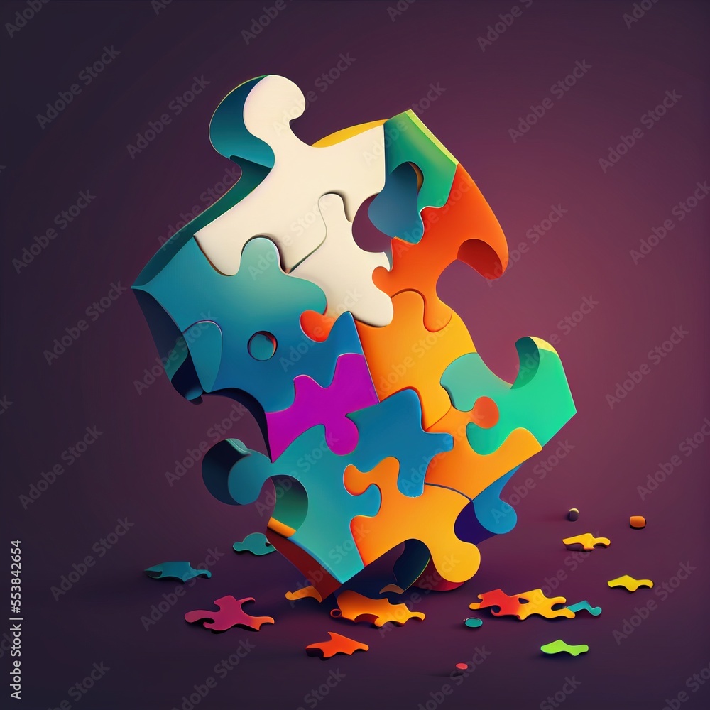 Aufkleber a colorful puzzle piece is falling apart from the floor to the floor with pieces missing from it. ge