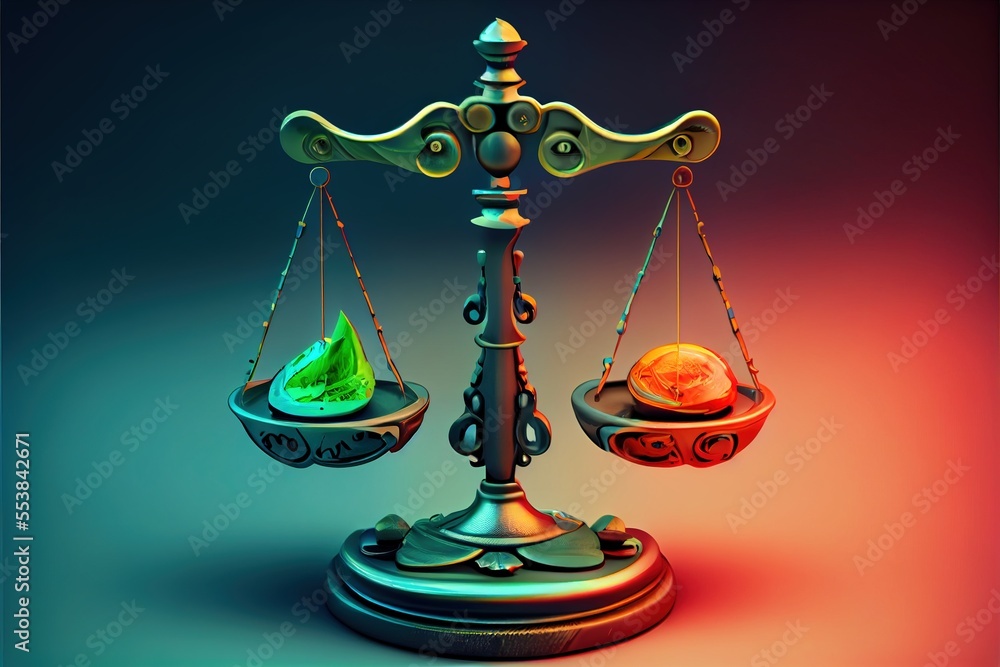 Poster a scale with a green ball on top of it and a green ball on the bottom of it on a blue and red backgr