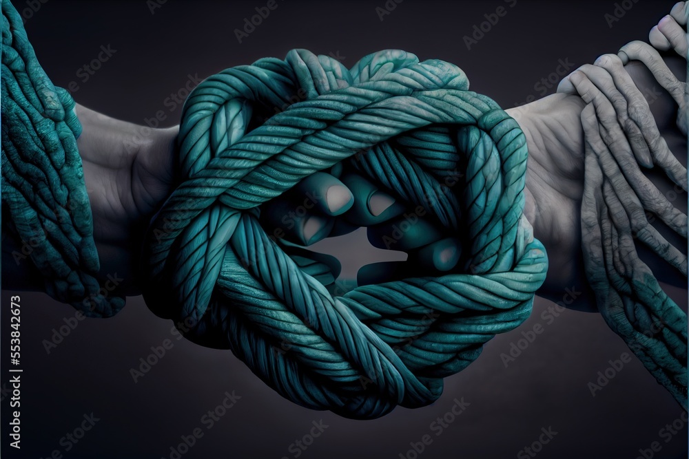 Poster a hand holding a rope with two hands holding it together with a knot in the middle of the image. gen