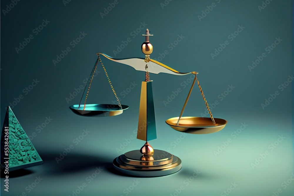 Poster a golden scale balance with a blue background and a green background behind it. generative ai